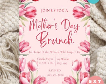 Modèle d'invitation au brunch floral tulipe pour la fête des mères (téléchargement numérique)