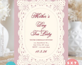 Modèle d'invitation à un goûter pour la fête des mères | Napperon élégant en dentelle | Invitation imprimable modifiable | Toile