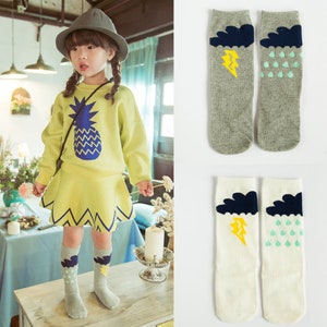Baby Knee High Socks | Weather Pattern | Clouds Raindrops Lightning | Newborn Toddler Gift