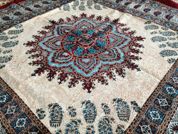 Handmade 39" gold and blue tablecloth, Symbolic & spiritual textile art , block printed calico , wall hanging, mandala tapestry