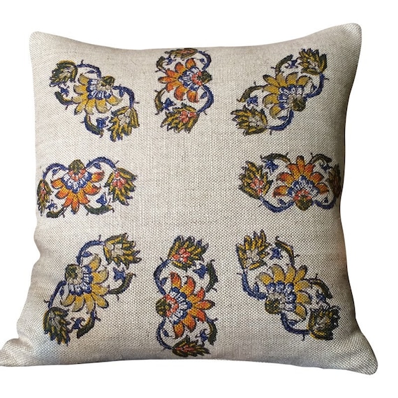 Linen Pillow hand block printed Irish block printed linen pillow cover