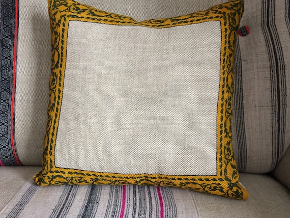 Decorative linen pillow cover, traditional block printed borders design , sofa cushions, traditional living room pillow