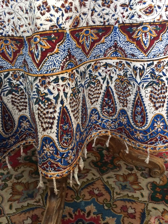 Traditional original hand printed round tablecloth 60", cotton tapestry with natural dyes and tassels, round tablecloth on wood table top