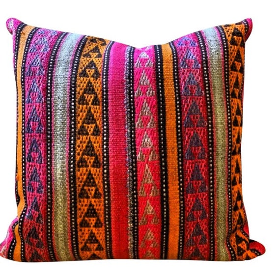Vintage fabric wool pillow, Pink orange pillow Decorative Cushion Cover, Handmade floor kilim pillow cover, bohemian decor Christmas gifts