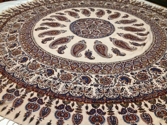 Calico fabric with Natural dyes round table-cloth 80" inches with tassels ,middle eastern table top, mandala tablecloth pattern