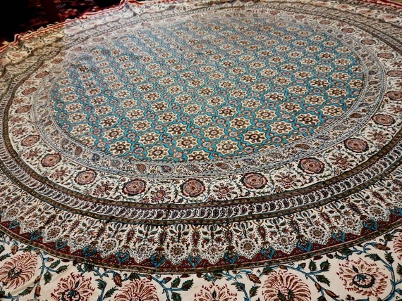 Traditional 82" inches round tablecloth, original block printed calico tapestry art with natural dyes , dining table decor
