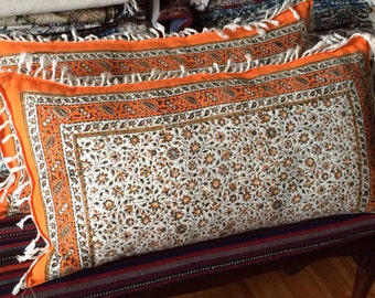 Set of two handmade orange tapestry pillow cover, floral design in calico fabric and irish linen 16 x 30 inches