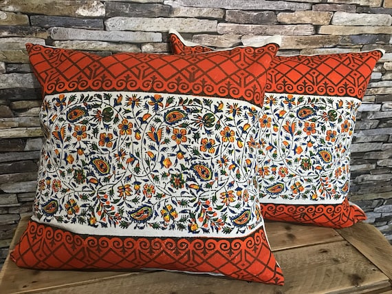 Set of Orange flowers pillow case good for modern look of your house, eco print cotton bohemian pillow cover 45" x 45", floral design