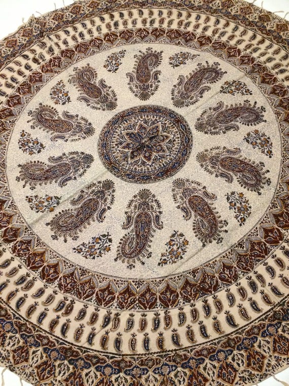 Calico fabric with natural dyes , round tablecloth 70 inches with tassels, bohemian, traditional cloth, middle eastern, hand printed fabric