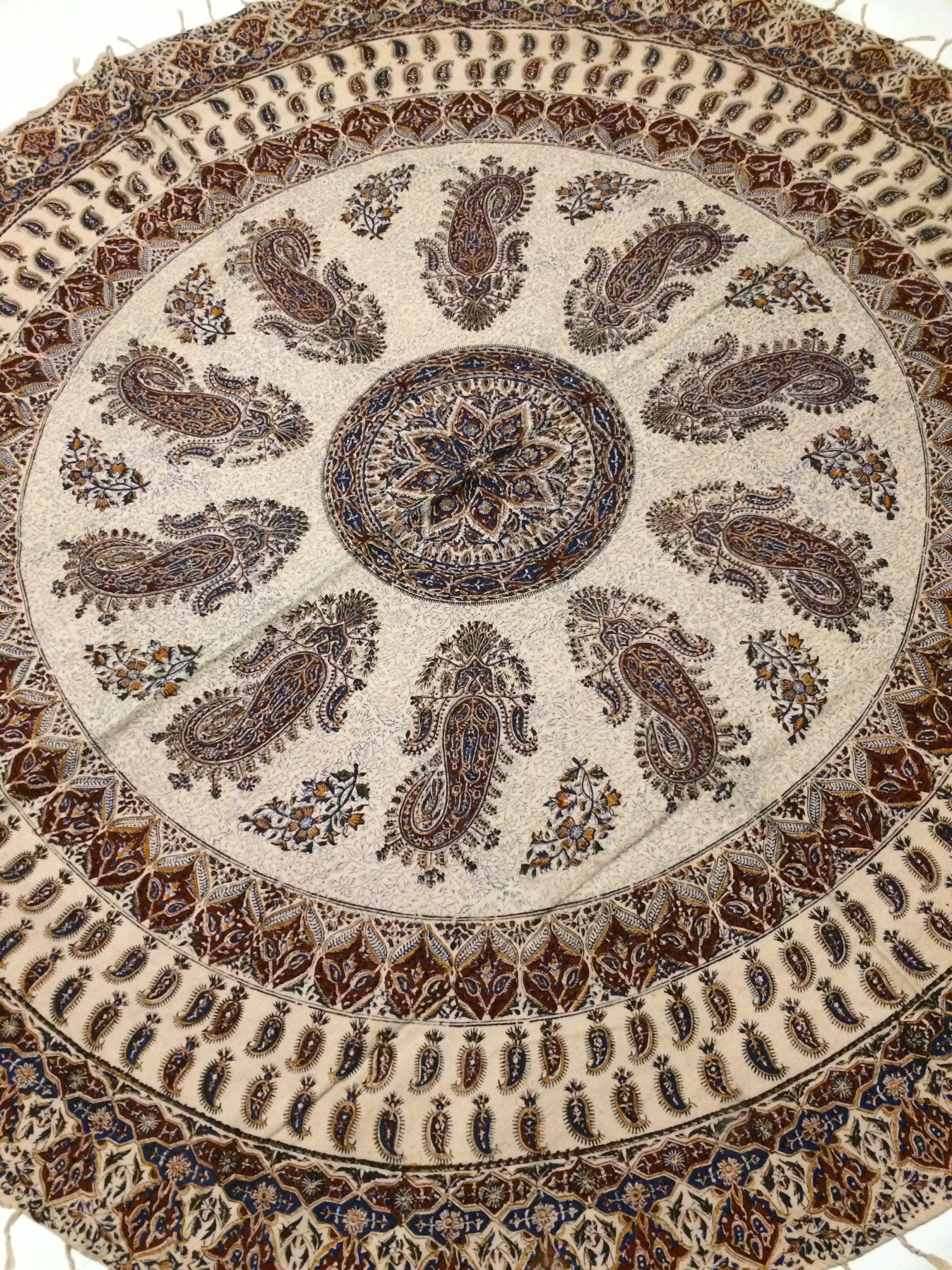 Calico Fabric With Natural Dyes Round Tablecloth 70 Inches With Tassels Bohemian Traditional Cloth Middle Eastern Hand Printed Fabric