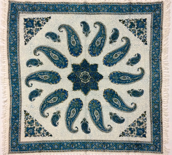 40" inches blue paisley tablecloth, traditional hand block printed table top, natural dyes cotton tapestry with tassels