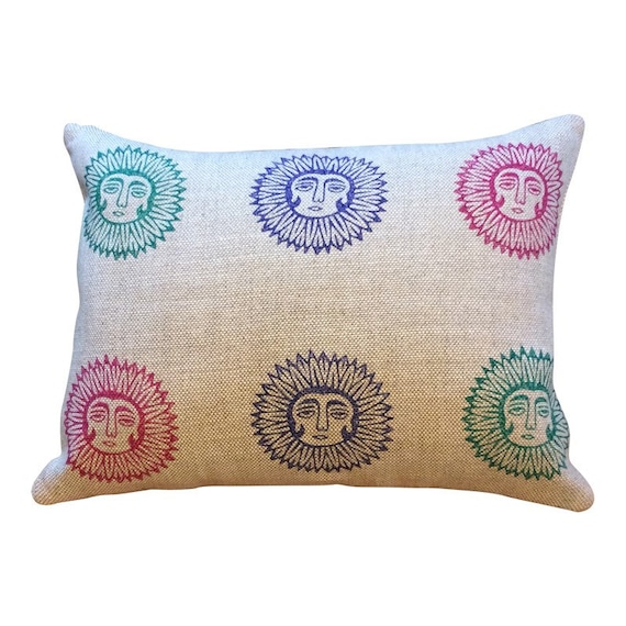 Lady sun linen pillow | Irish linen pillow|block printed decorative cushions| textile stamp pillow case |gift idea|Anniversary