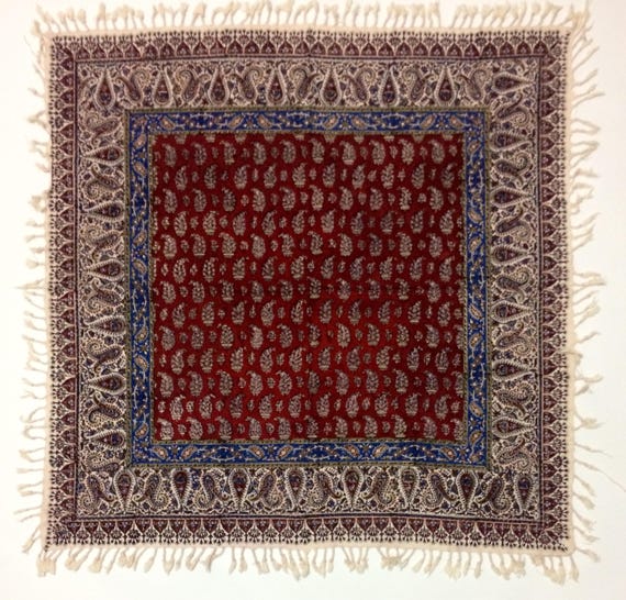 Handmade 40" inches red tablecloth in paisley design | block printed tapestry | natural dyes with tassels