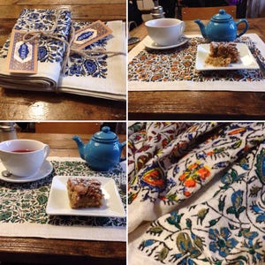 Hand printed cotton and linen placemats , red,blue,green,orange flowers design,farm house decor,placemats,dinner party,table top,tablecloth