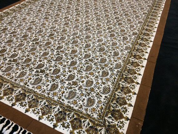 60 x 39 inches Rectangle brown tablecloth, hand printed paisley cotton tapestry art , wall decor, natural dyes with tassels