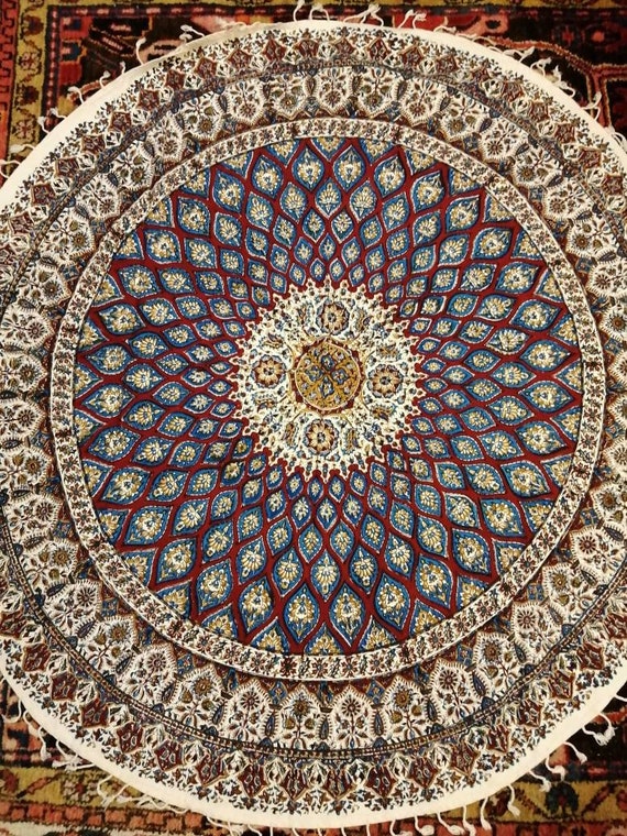 round tablecloth 45" with tassels- traditional hand printed cotton table top