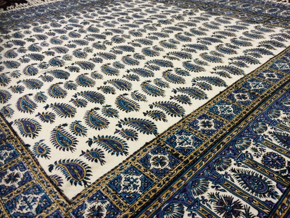 Calico tablecloth 40" inches blue paisley tapestry for table decor , wall decor, yoga cloth, natural dyes with tassels, square tablecloth