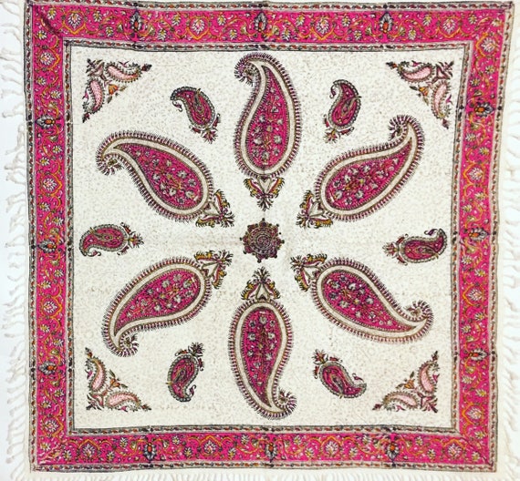 Handmade paisley pink Tablecloth, traditional block printed tapestry , wall decor, natural textile 30" inches with tassels