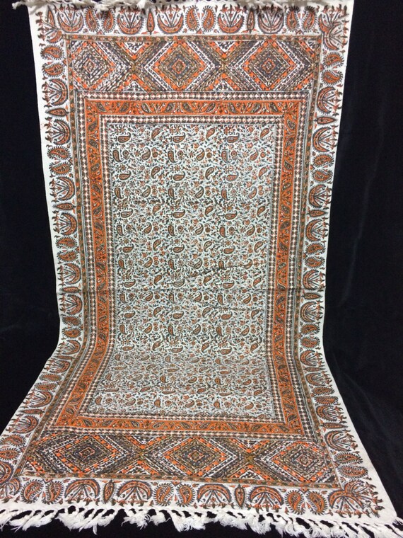 Hand printed orange Table runner 45" inches long, traditional hand dyed tapestry, wall decor, tablecloth, natural textile