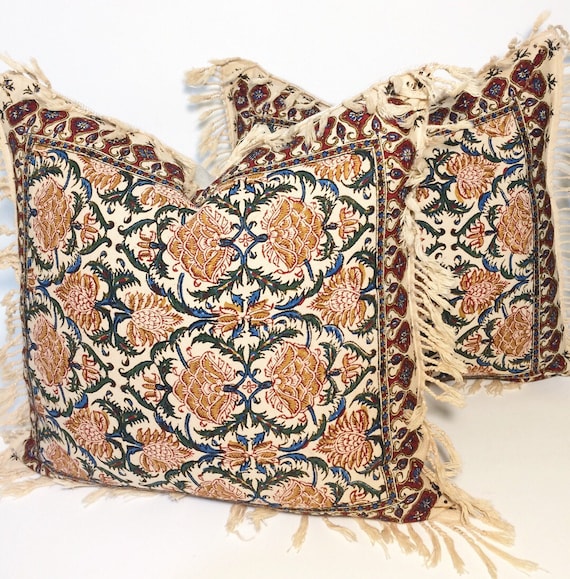 Set of two block printed tapestry pillows, Handprinted red flowers cushions,cottage style gift for new home, 16" decorative pillows