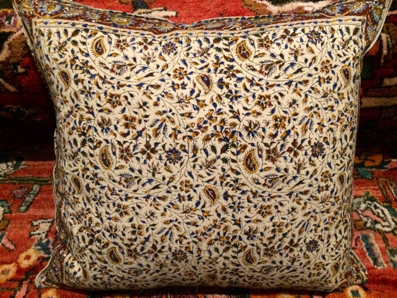 Hand Block printed tapestry pillow , cotton and linen flowers pillow , natural dyes decorative cushion
