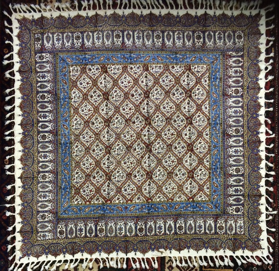 Handmade cotton tablecloth | traditional block printing tapestry | natural dyes 40" inches with tassels | Christmas stocking | unique gifts
