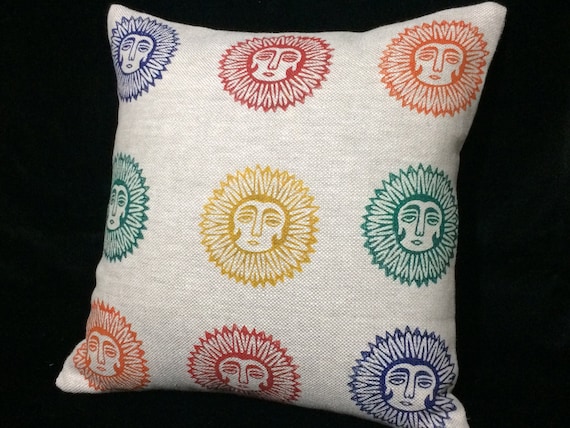 Natural linen pillow cover with lady sun pattern, Irish linen printed sofa pillow