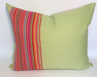 Green pillow, Decorative Cushion Cover, Handmade apple green cotton and vintage Hmong textiles