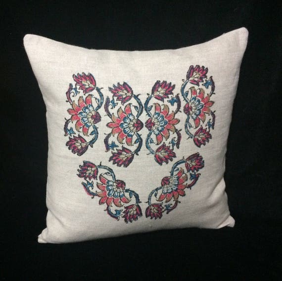 linen pillow cover | with traditional block printed flower design | heart shaped | linen pillowcase 16"x16" | linen pillowcase | best friend