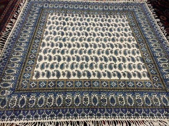 Calico tablecloth 40" inches blue paisley tapestry for wood table , wall decor, yoga cloth, natural dyes with tassels, square tablecloth