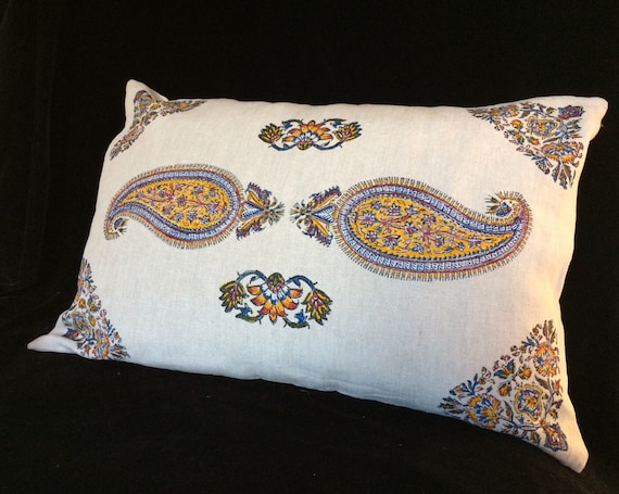 Handmade natural linen pillow, yellow paisley pillow, block printed Irish linen, lumbar pillow case, flower pillow cover, bed pillow