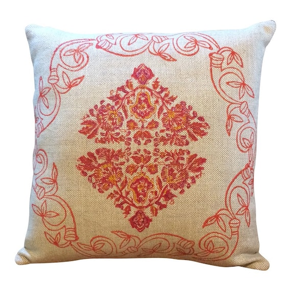 modern red linen pillow cover, with traditional block printed flower design , decorative cushions, sofa cushion, case dresses, linen pillow
