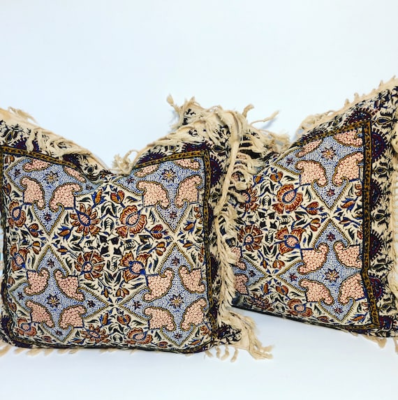 Set of two block printed tapestry pillows , natural cotton and irish linen fabric, 16" traditional cushions,Cover With calico printing