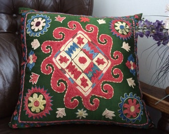 Decorative green suzani Sofa Cushion Cover, Traditional pillow case