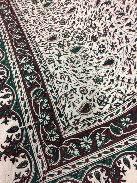 Green and brown flowers tablecloth, handprinted Square tapestry, natural dyes textile 39" inches with tassels