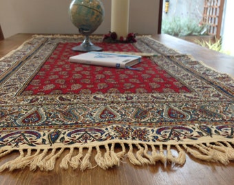 Red table runner 50" inches handprinted natural cotton and linen with tassels