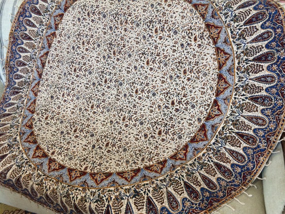 Traditional original hand printed round tablecloth 60", cotton tapestry with natural dyes and tassels, round tablecloth on wood table top