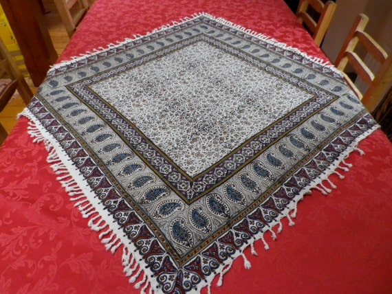 Square hand printed cotton tablecloth, wall decor, natural dyes 40" inches with tassels