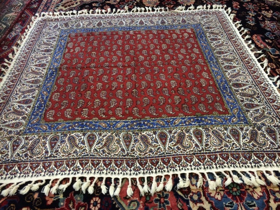 Handmade 40" inches red tablecloth in paisley design | block printed tapestry | natural dyes with tassels