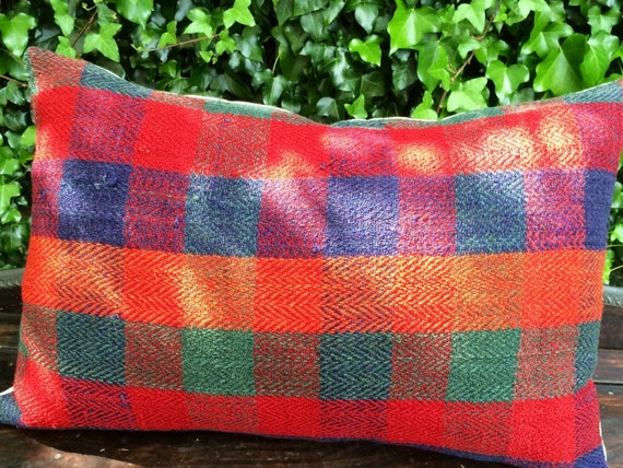 red and orange pillow -vintage hand woven natural wool pillow , farmhouse decor, check pillow , lumbar pillow , jajim pillow