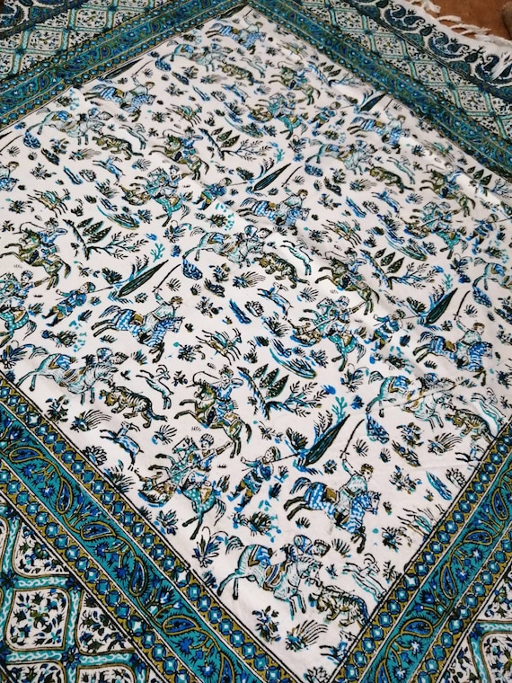 Authentic original tapestry art, hunting scene with horses, the king and deer, block printed tablecloth, hunting scene