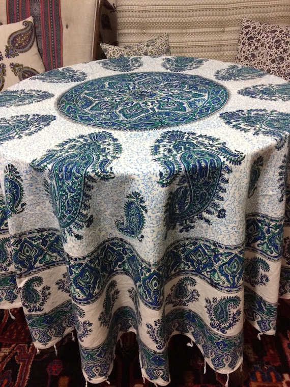 Handcrafted 70 inches Round tablecloth, block printed Calico fabric with Natural dyes, mandala tapestry with tassels