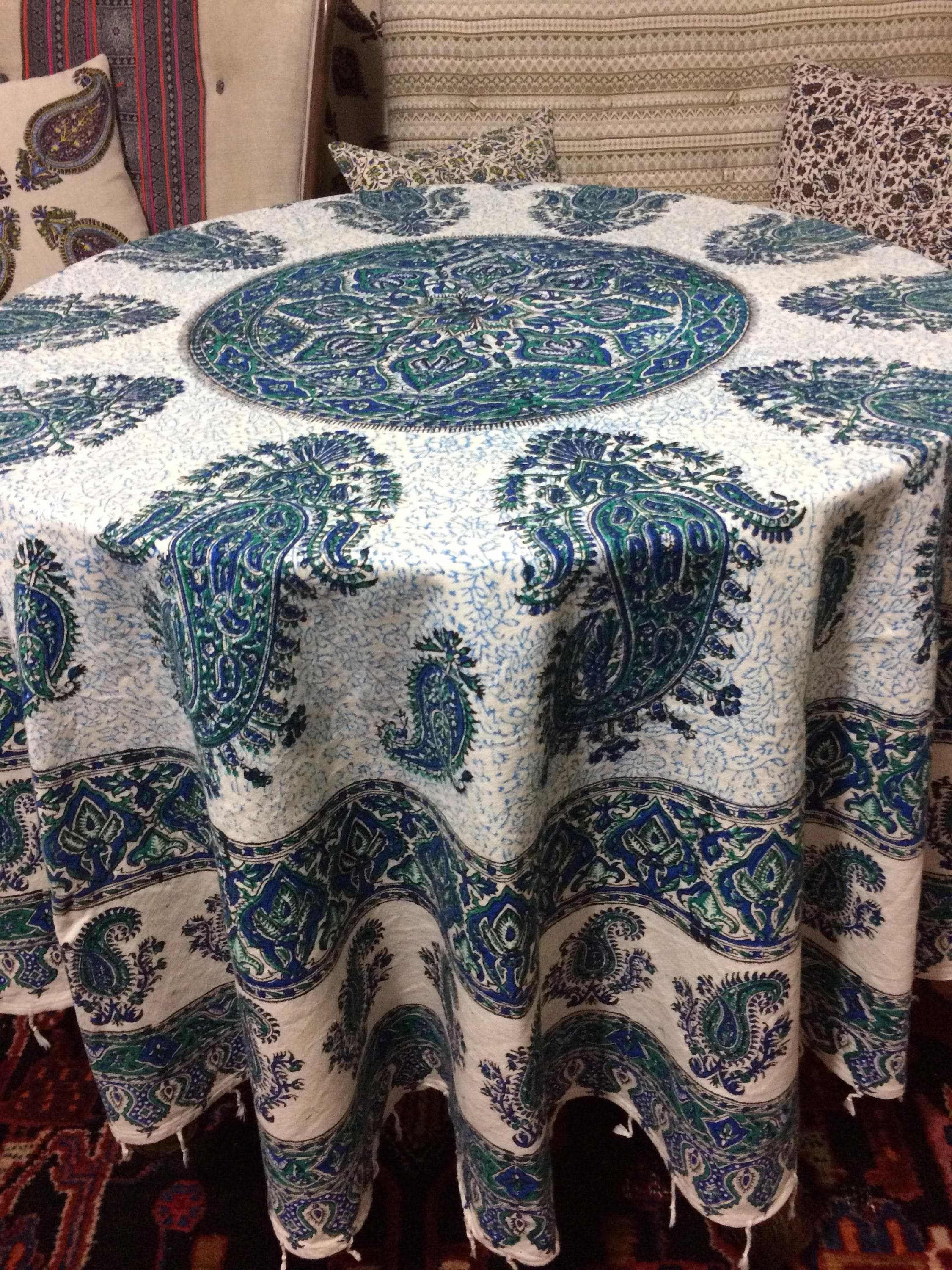 Handcrafted 70 Inches Round Tablecloth Block Printed Calico Fabric With Natural Dyes Mandala Tapestry With Tassels
