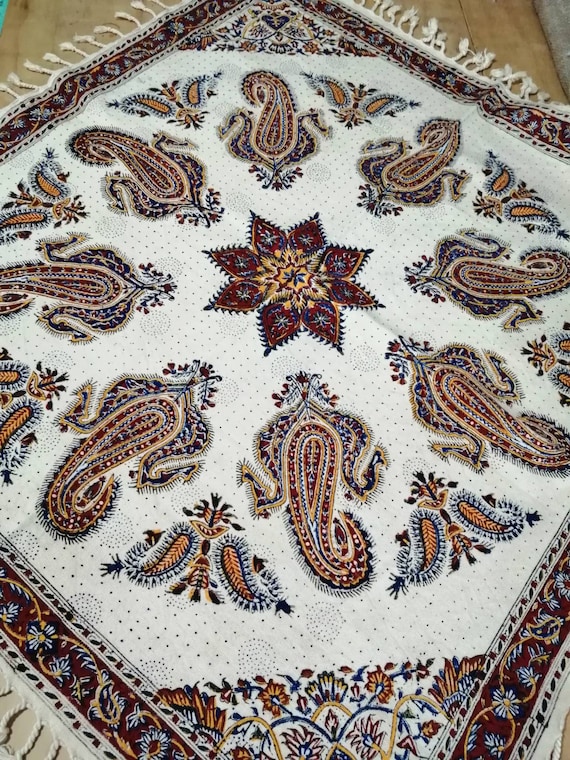 Handprinted 30" inches paisley cloth, traditional handmade tapestry tablecloth , natural dyes with tassels