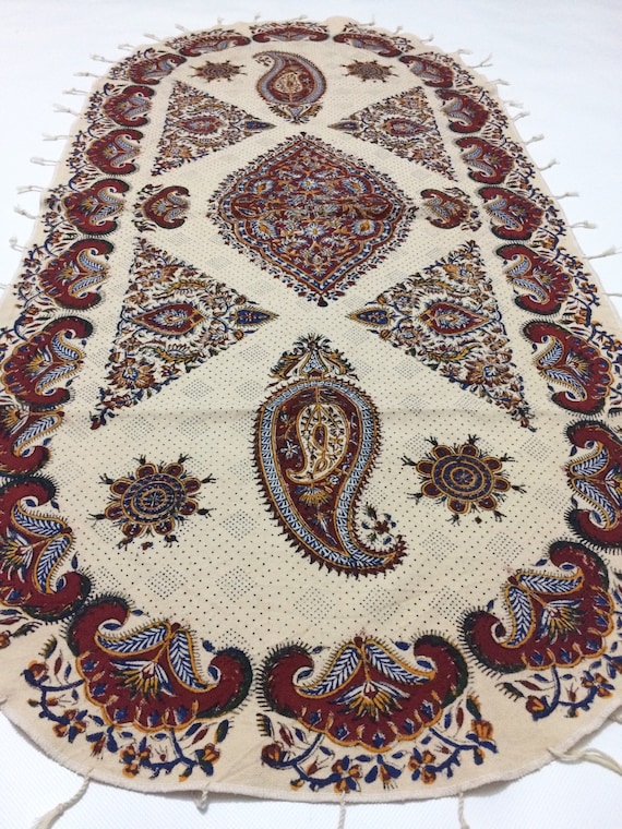 Hand block printed Oval tablecloth,traditional handmade cotton tapestry, 45"x25" inches paisley design with natural dyes and tassels,paisley