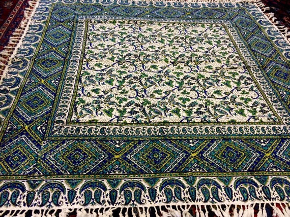 Square tablecloth, block printing tapestry art,floral tablecloth wall decor, natural textile 39" inches with tassels