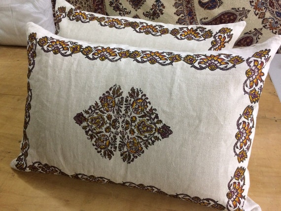 Set of two Handprinted Irish linen pillows , Linen pillows, natural linen bed pillows, block printed linen