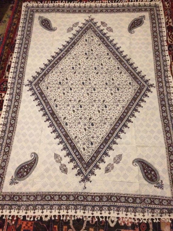 Hand painted paisley table cloth , block printed fabric - Tapestry or bedspread - Hand Dyed