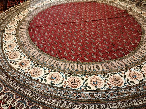 Calico fabric with Natural dyes, red round tablecloth 70" inches with tassels