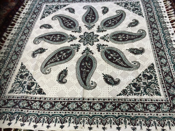 Green and brown tablecloth, block printed tapestry art, paisley tablecloth , wall decor, natural textile 39" inches with tassels
